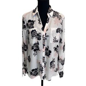 🌹 Candie's Pretty White Floral Sheer ButtonDown Shirt with Pink and Black Roses
